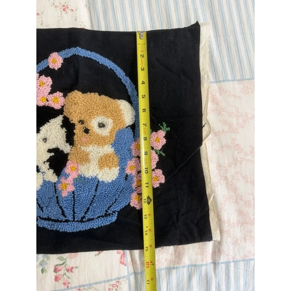 VTG Punchwork Punch Needle Needlework Dogs in Basket Pillow Cover Hand Hooked